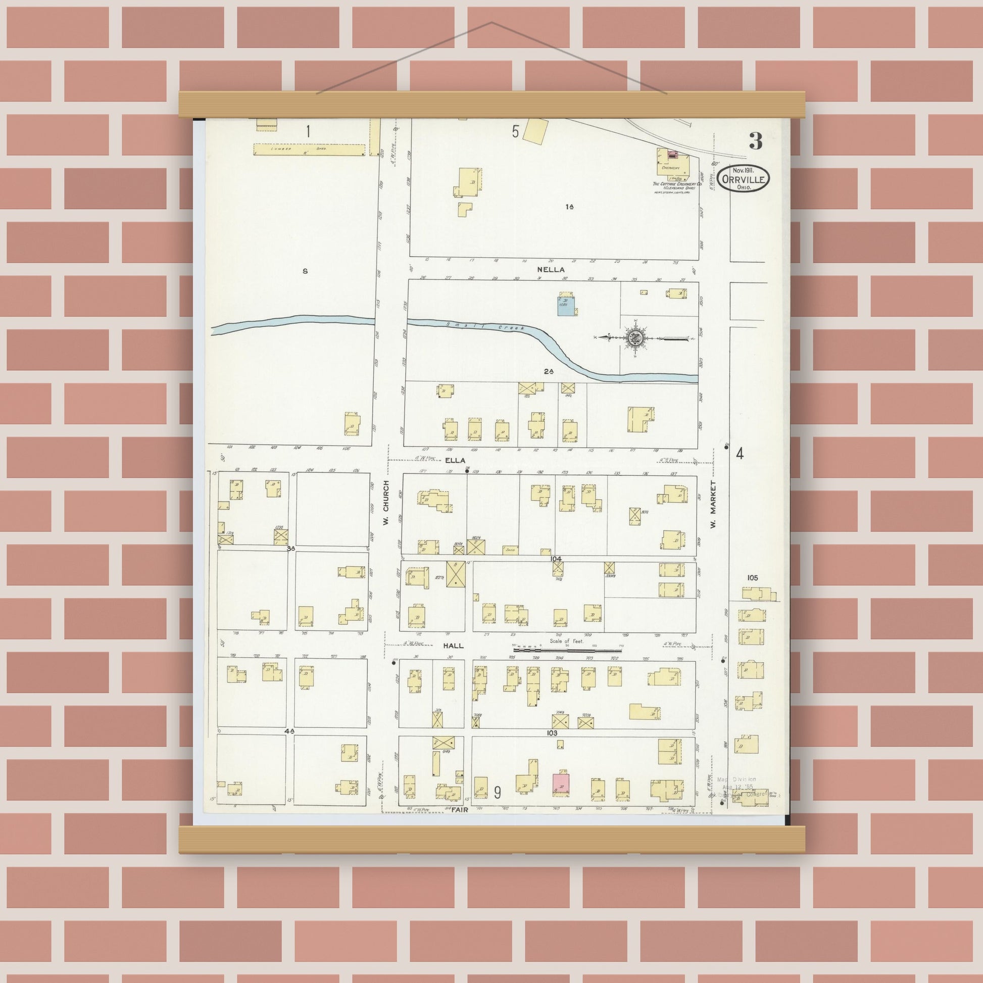 Old map wall art mockup — magnetic wood frame on brick wall — Sanborn Fire Insurance Map from Orrville, Wayne County, Ohio (1911), Sheet #0003