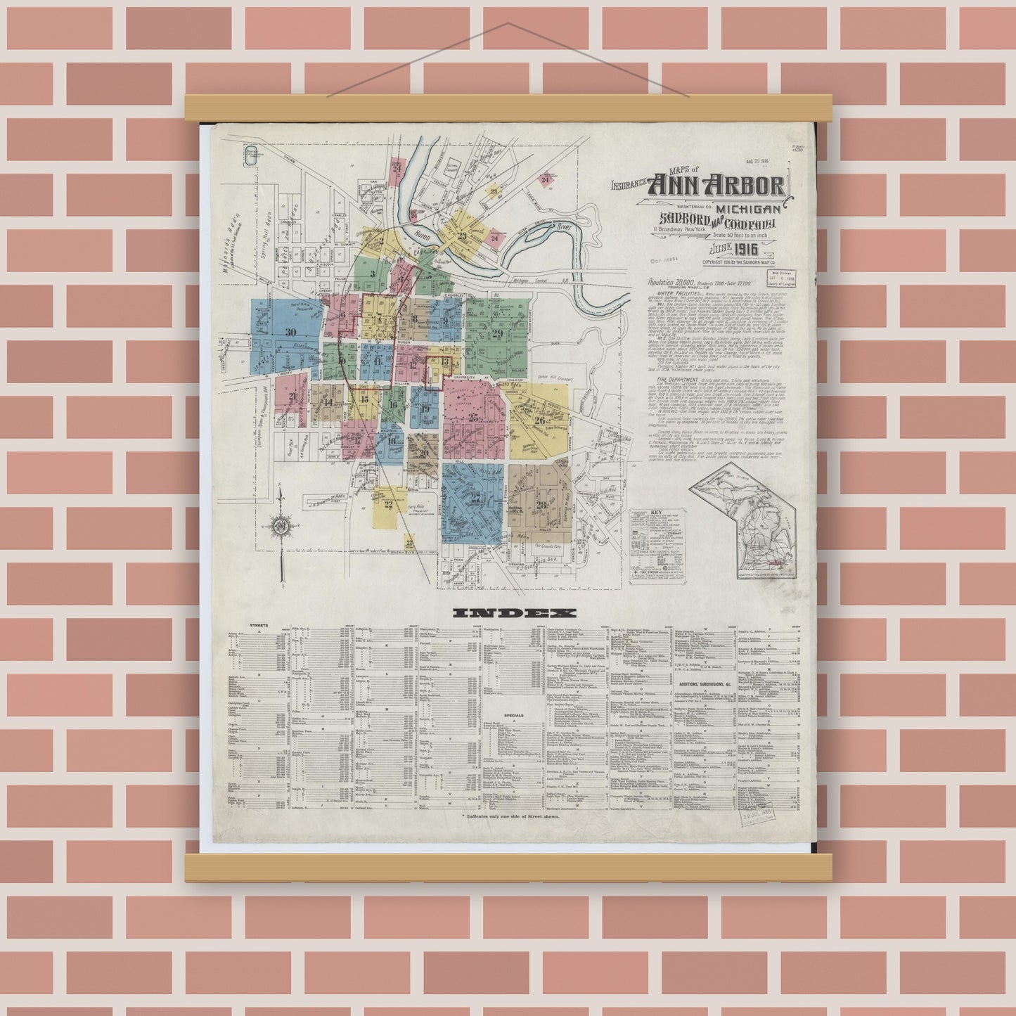 Old map wall art mockup — magnetic wood frame on brick wall — Sanborn Fire Insurance Map from Ann Arbor, Washtenaw County, Michigan (1916), Sheet #0001