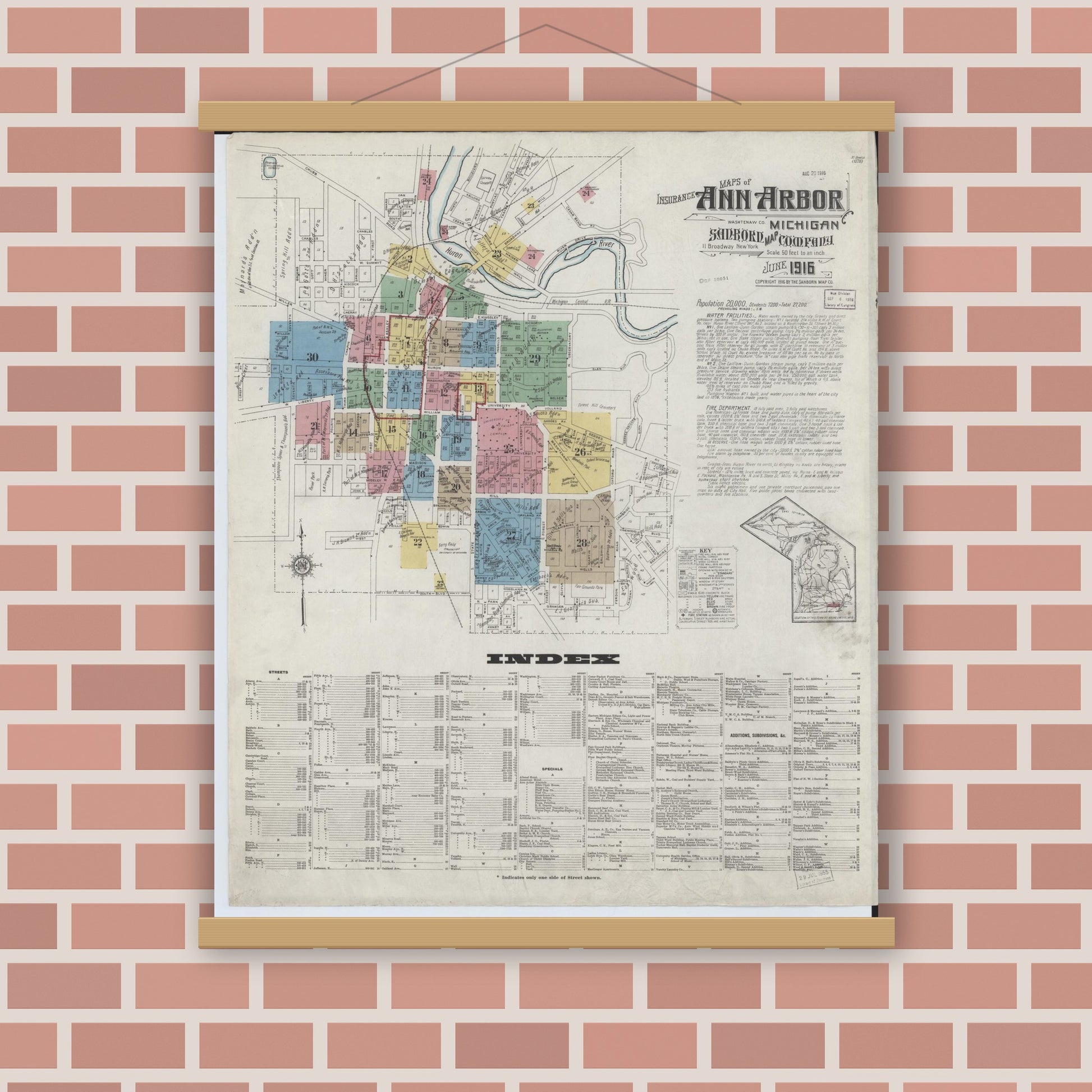 Old map wall art mockup — magnetic wood frame on brick wall — Sanborn Fire Insurance Map from Ann Arbor, Washtenaw County, Michigan (1916), Sheet #0001