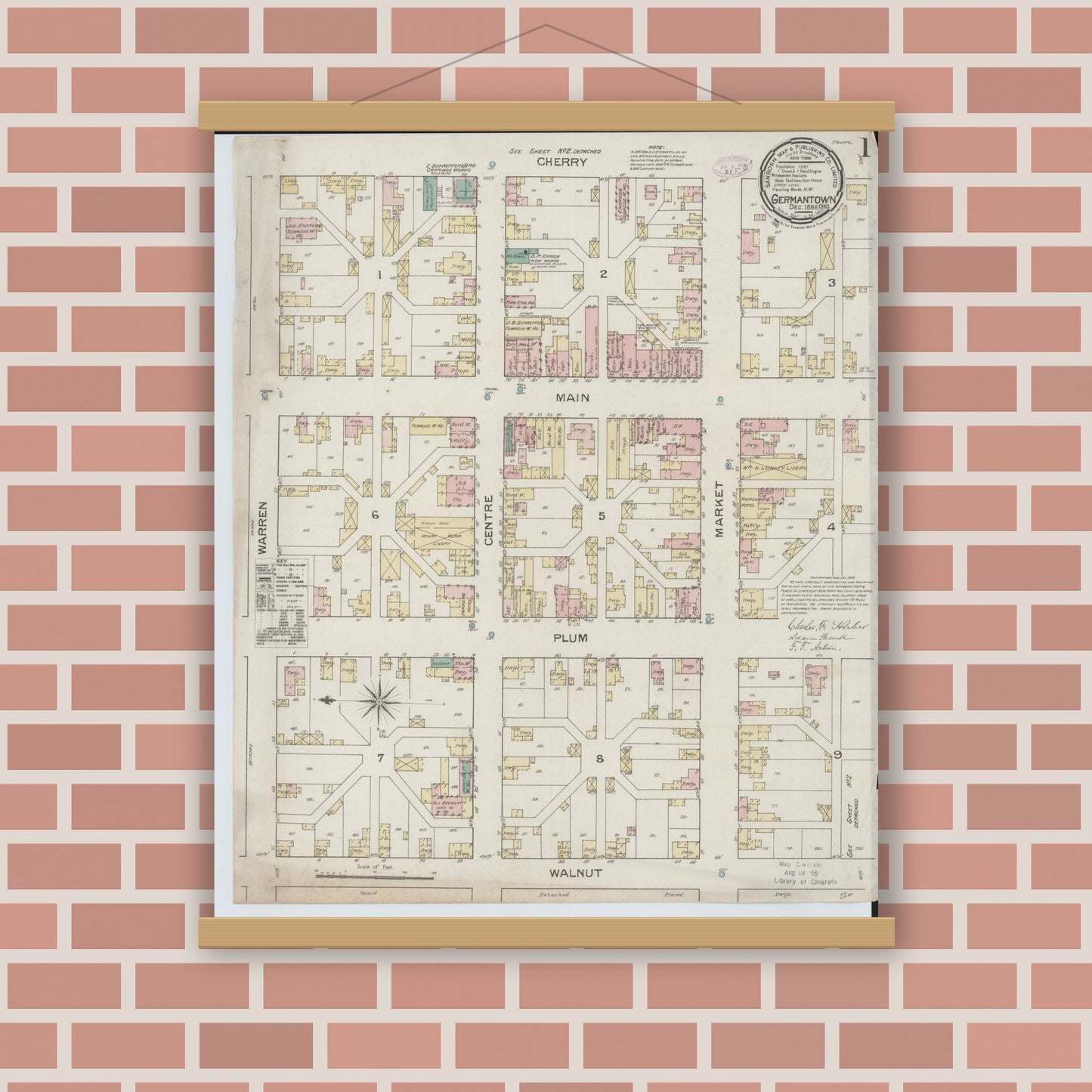 Old map wall art mockup — magnetic wood frame on brick wall — Sanborn Fire Insurance Map from Germantown, Montgomery County, Ohio (1886), Sheet #0001