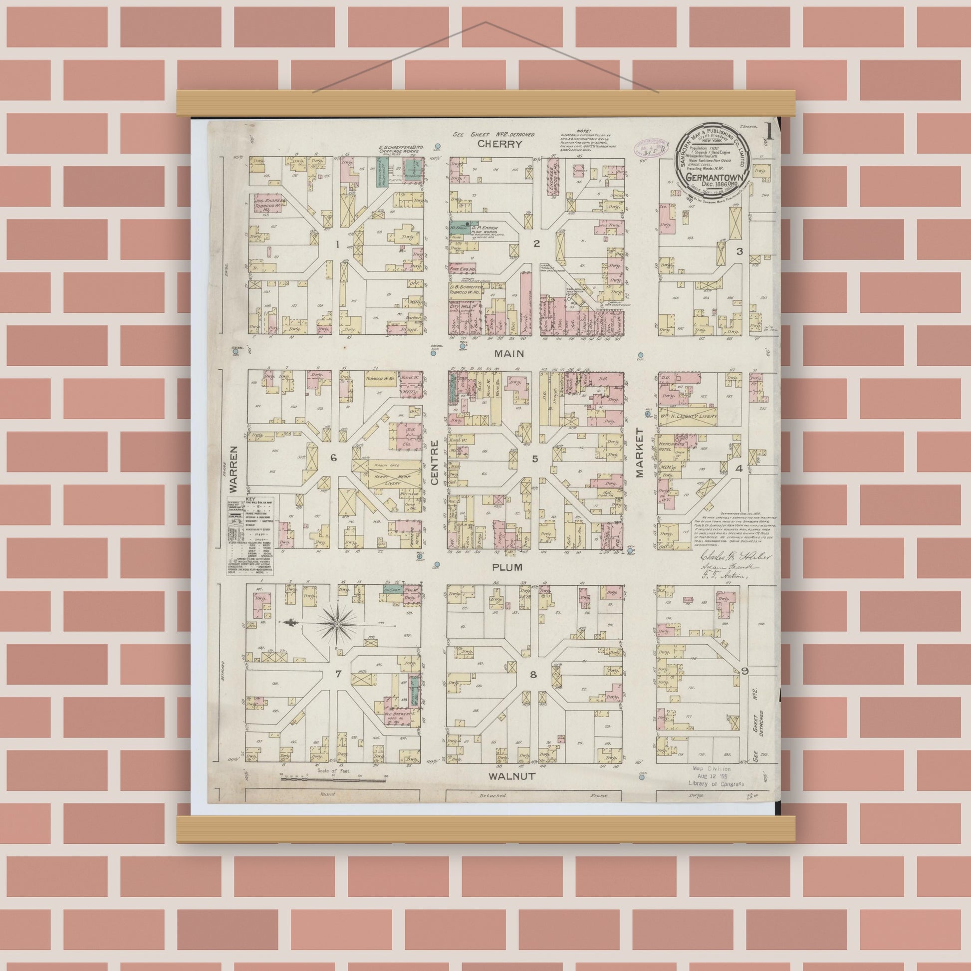 Old map wall art mockup — magnetic wood frame on brick wall — Sanborn Fire Insurance Map from Germantown, Montgomery County, Ohio (1886), Sheet #0001