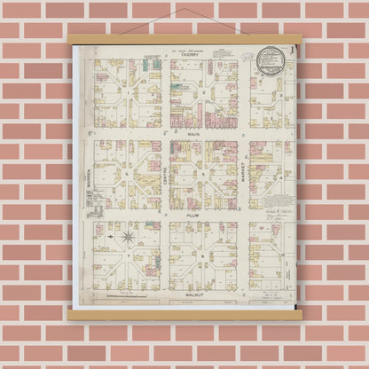Old map wall art mockup — magnetic wood frame on brick wall — Sanborn Fire Insurance Map from Germantown, Montgomery County, Ohio (1886), Sheet #0001