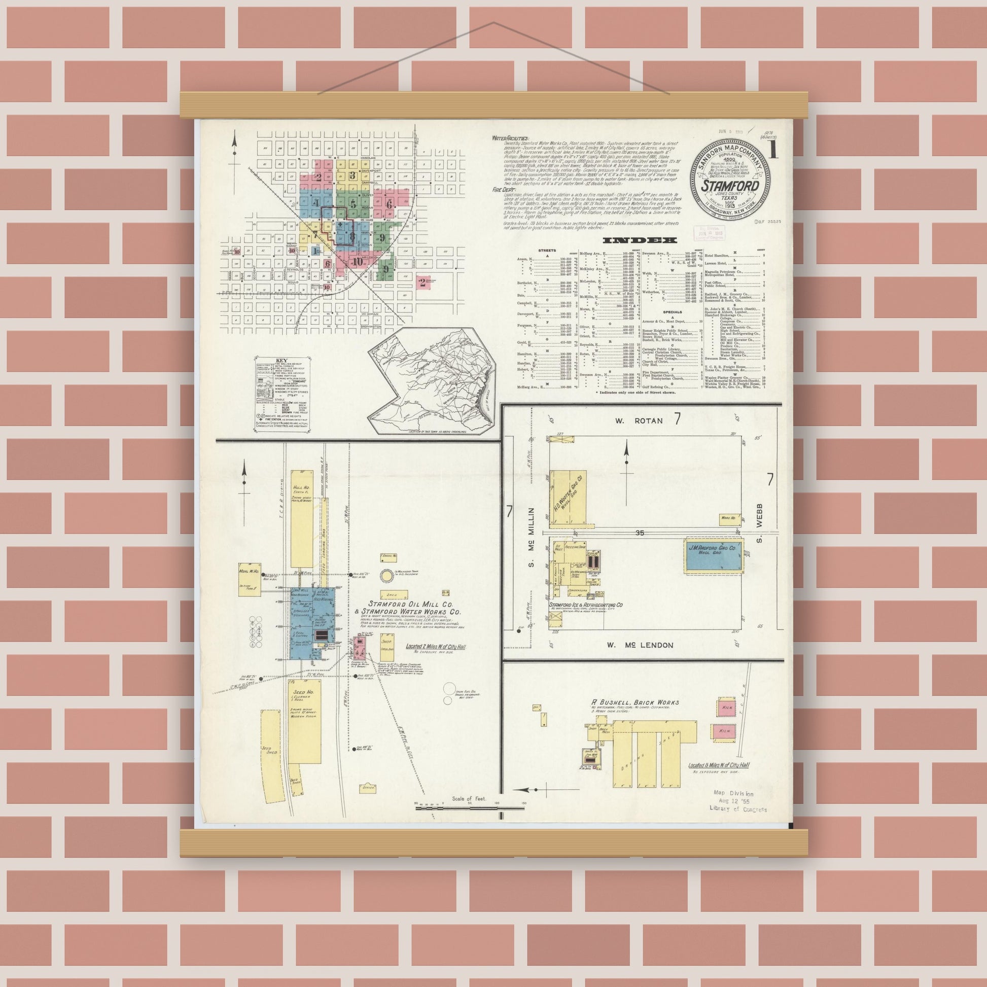 Old map wall art mockup — magnetic wood frame on brick wall — Sanborn Fire Insurance Map from Stamford, Jones County, Texas (1913) - Complete Map Set