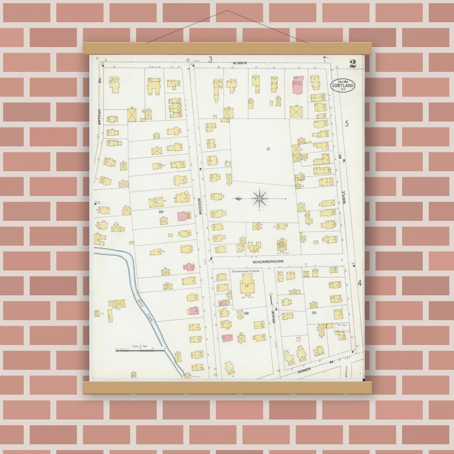 Old map wall art mockup — magnetic wood frame on brick wall — Sanborn Fire Insurance Map from Cortland, Cortland County, New York (1902) - Complete Map Set