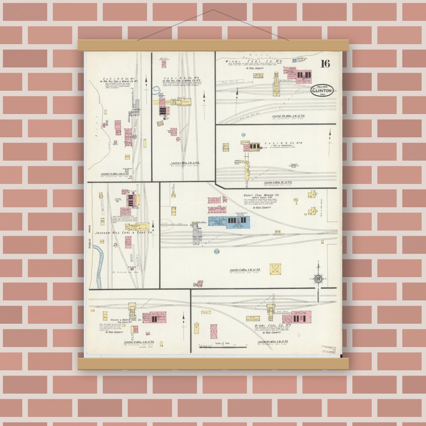 Old map wall art mockup — magnetic wood frame on brick wall — Sanborn Fire Insurance Map from Clinton, Vermillion County, Indiana (1915), Sheet #0016