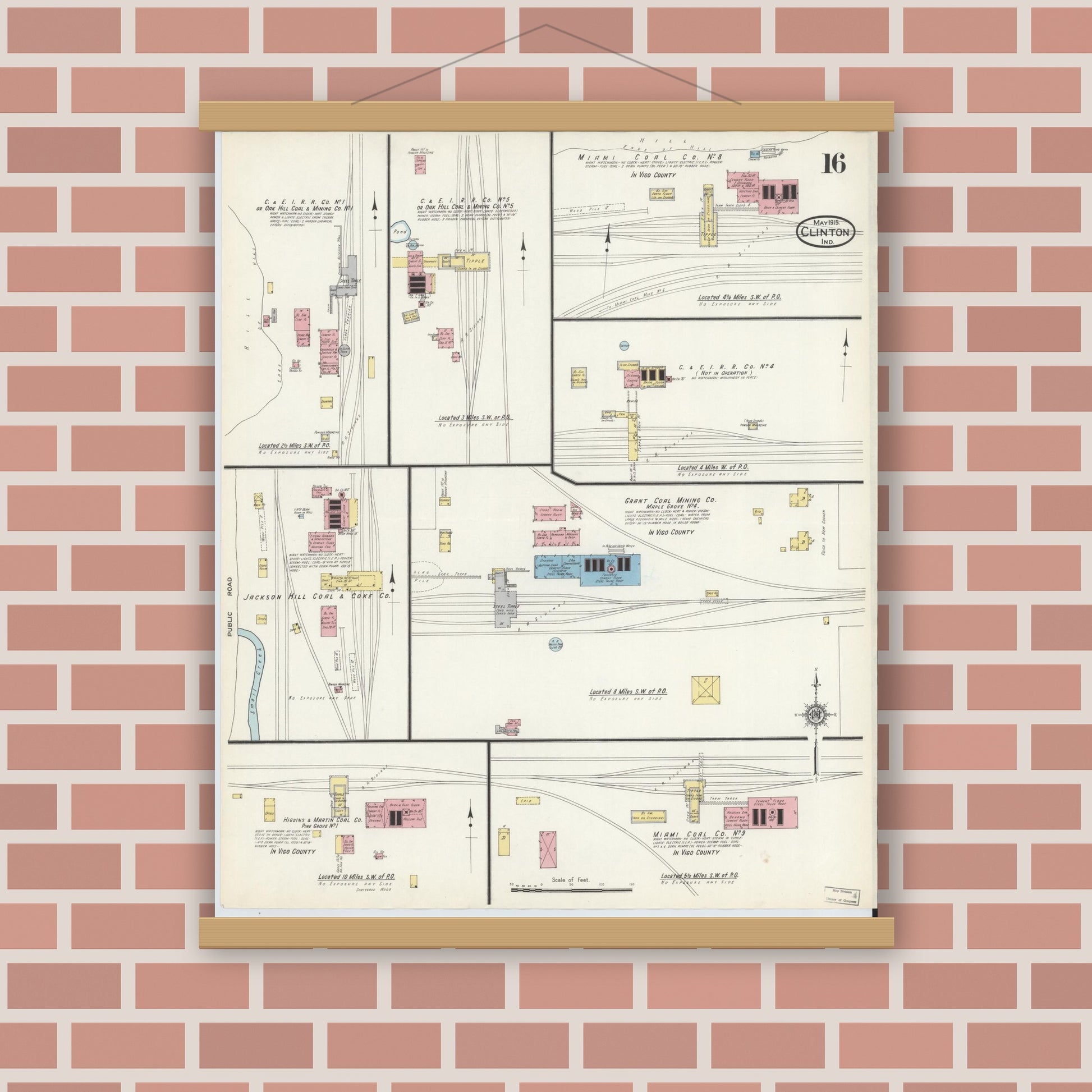 Old map wall art mockup — magnetic wood frame on brick wall — Sanborn Fire Insurance Map from Clinton, Vermillion County, Indiana (1915), Sheet #0016