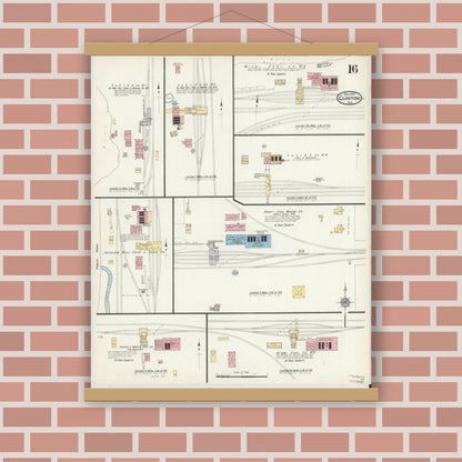 Old map wall art mockup — magnetic wood frame on brick wall — Sanborn Fire Insurance Map from Clinton, Vermillion County, Indiana (1915), Sheet #0016