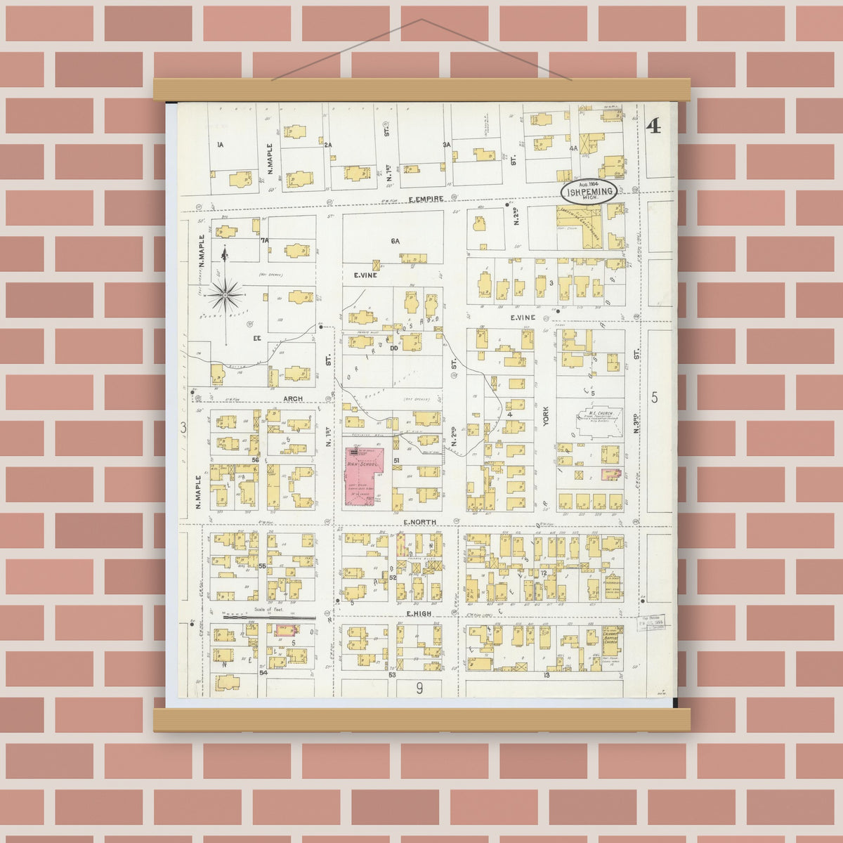 Old map wall art mockup — magnetic wood frame on brick wall — Sanborn Fire Insurance Map from Ishpeming, Marquette County, Michigan (1904), Sheet #0004