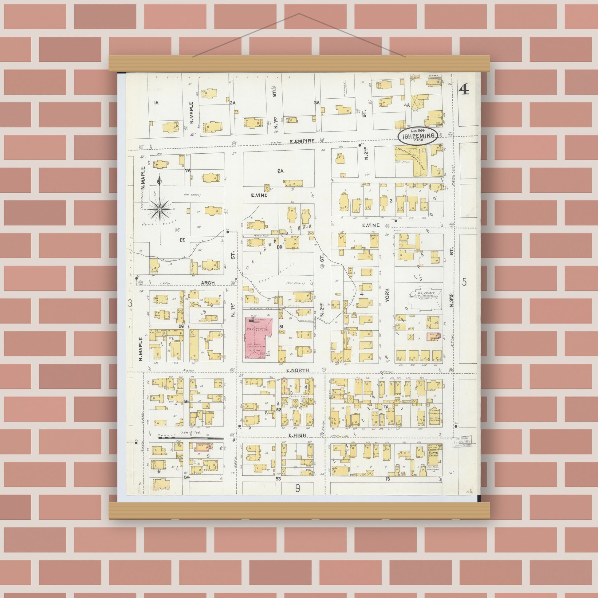 Old map wall art mockup — magnetic wood frame on brick wall — Sanborn Fire Insurance Map from Ishpeming, Marquette County, Michigan (1904), Sheet #0004