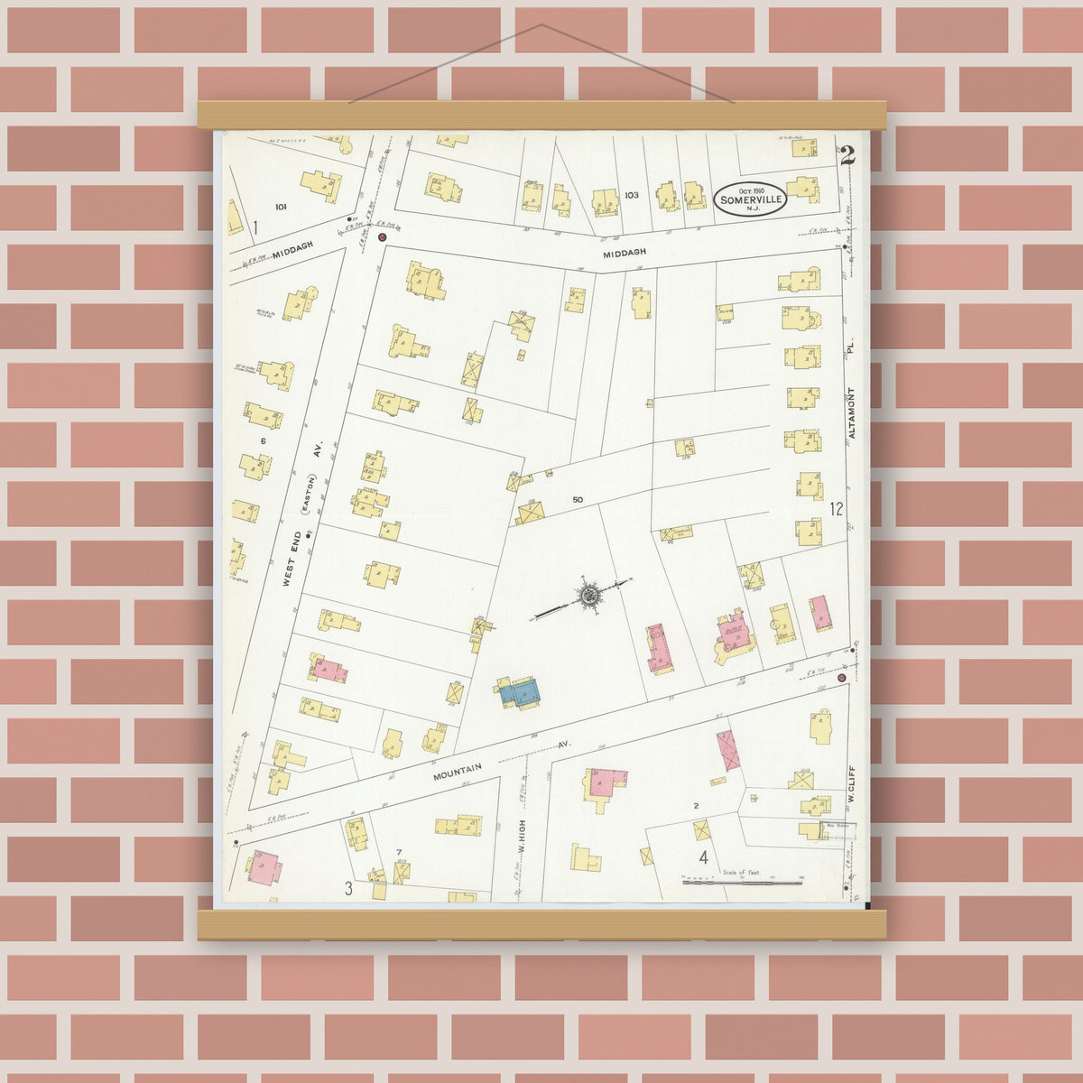 Old map wall art mockup — magnetic wood frame on brick wall — Sanborn Fire Insurance Map from Somerville, Somerset County, New Jersey (1910), Sheet #0002