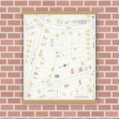 Old map wall art mockup — magnetic wood frame on brick wall — Sanborn Fire Insurance Map from Somerville, Somerset County, New Jersey (1910), Sheet #0002