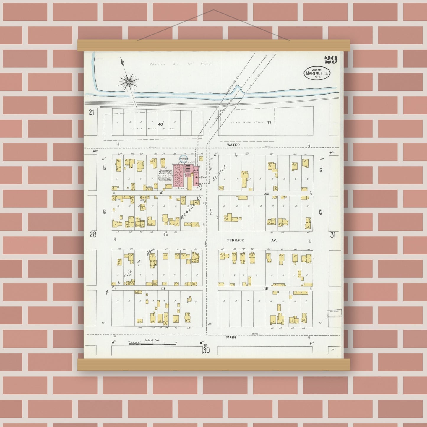 Old map wall art mockup — magnetic wood frame on brick wall — Sanborn Fire Insurance Map from Marinette, Marinette County, Wisconsin (1901), Sheet #0029