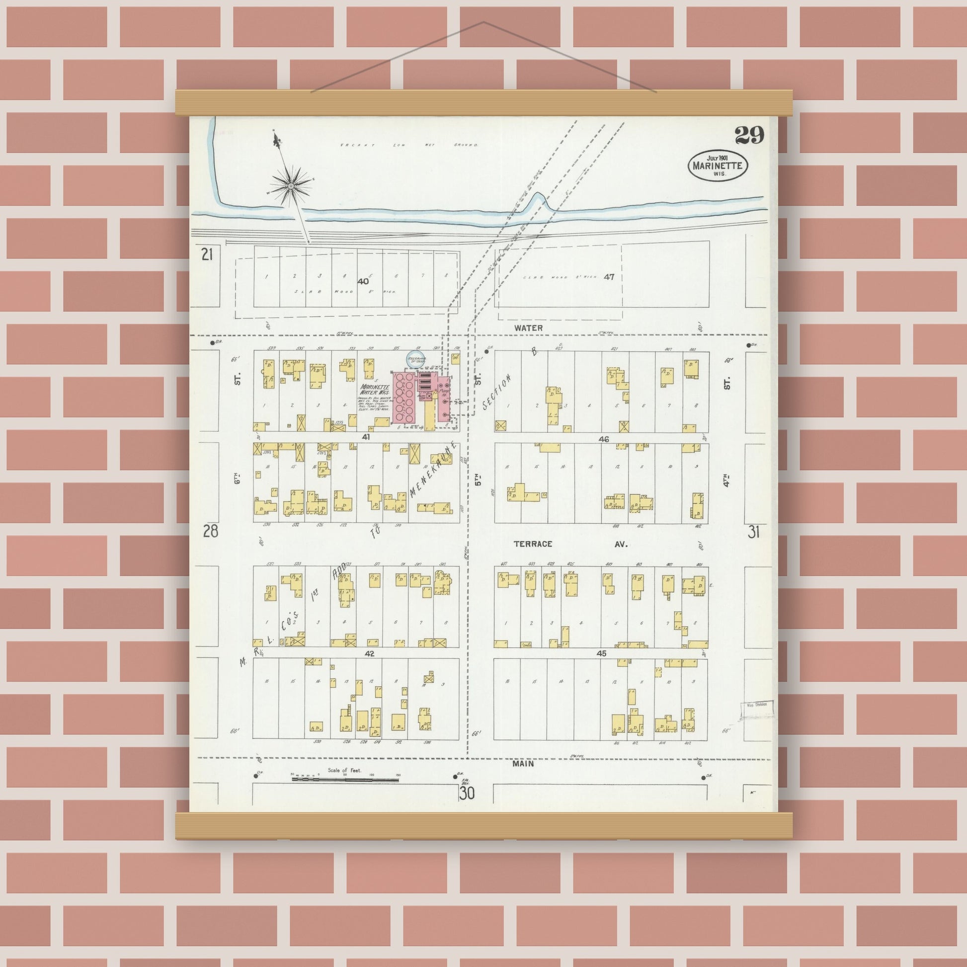 Old map wall art mockup — magnetic wood frame on brick wall — Sanborn Fire Insurance Map from Marinette, Marinette County, Wisconsin (1901), Sheet #0029