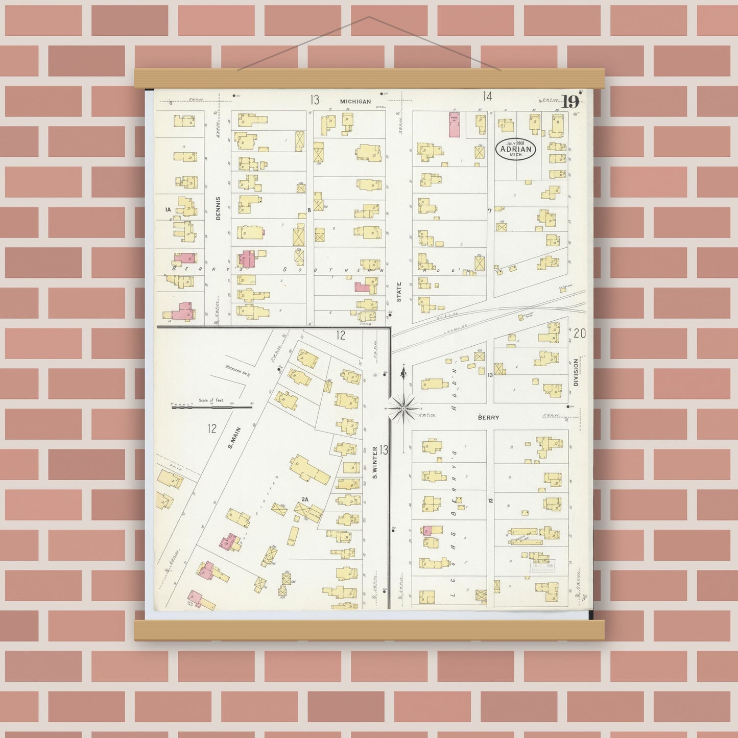 Old map wall art mockup — magnetic wood frame on brick wall — Sanborn Fire Insurance Map from Adrian, Lenawee County, Michigan (1908), Sheet #0019