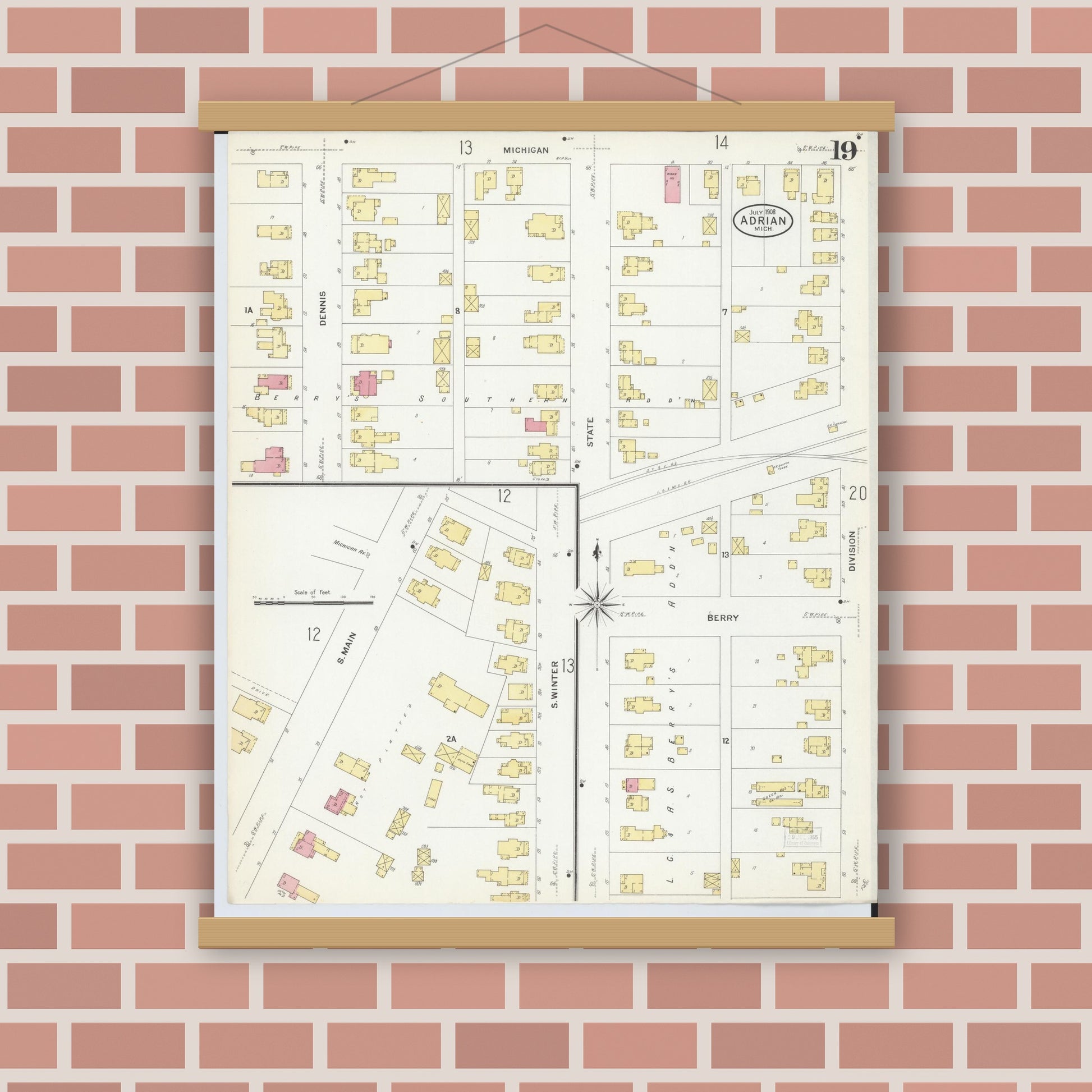 Old map wall art mockup — magnetic wood frame on brick wall — Sanborn Fire Insurance Map from Adrian, Lenawee County, Michigan (1908), Sheet #0019
