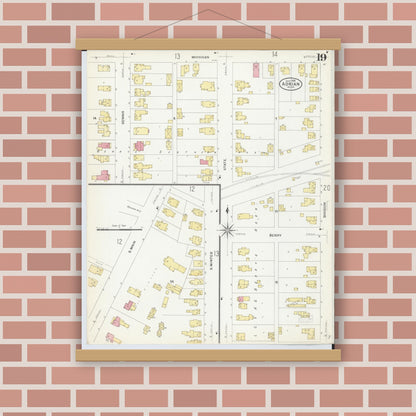 Old map wall art mockup — magnetic wood frame on brick wall — Sanborn Fire Insurance Map from Adrian, Lenawee County, Michigan (1908), Sheet #0019