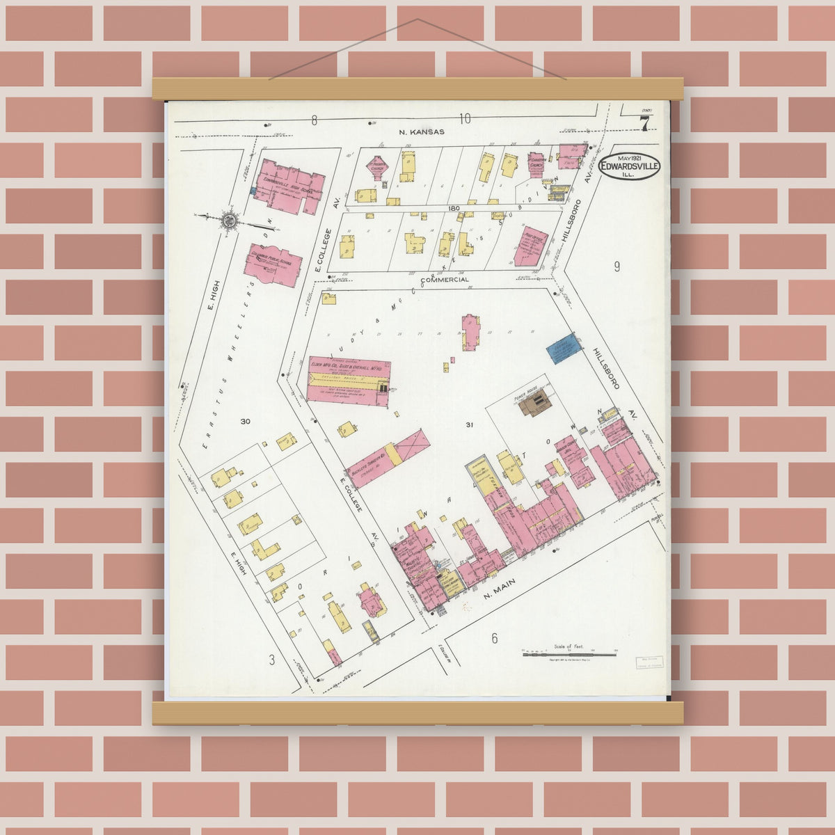 Old map wall art mockup — magnetic wood frame on brick wall — Sanborn Fire Insurance Map from Edwardsville, Madison County, Illinois (1921), Sheet #0007