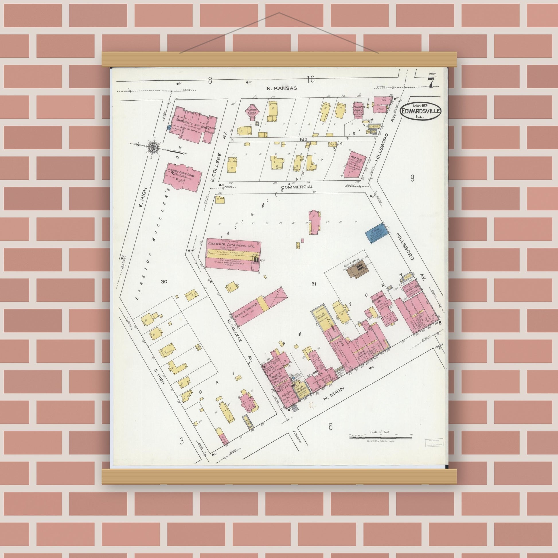 Old map wall art mockup — magnetic wood frame on brick wall — Sanborn Fire Insurance Map from Edwardsville, Madison County, Illinois (1921), Sheet #0007