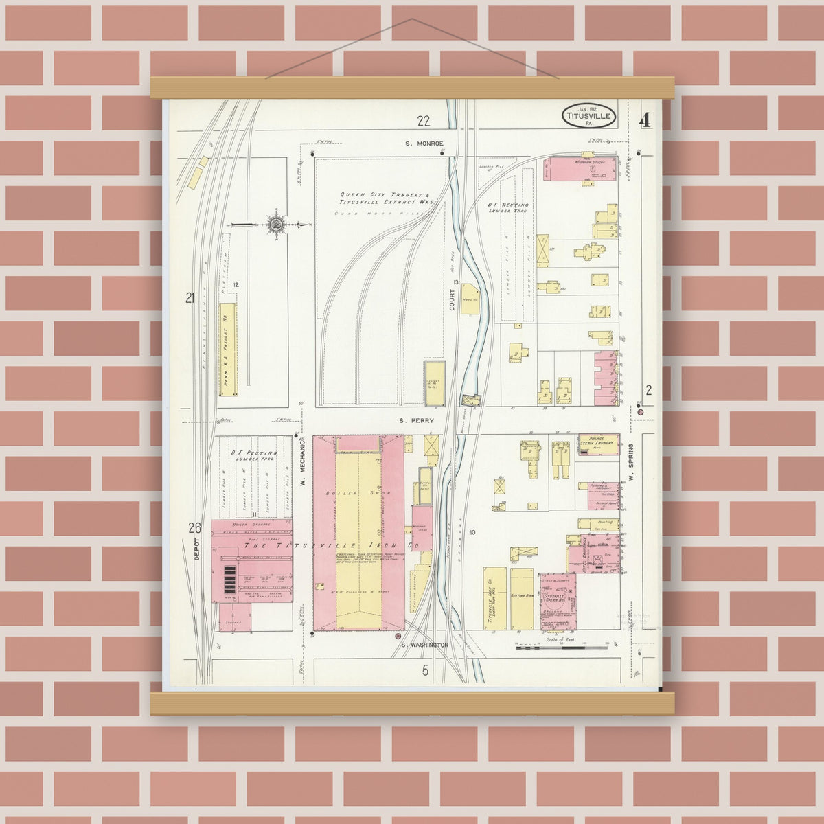 Old map wall art mockup — magnetic wood frame on brick wall — Sanborn Fire Insurance Map from Titusville, Crawford County, Pennsylvania (1912), Sheet #0004