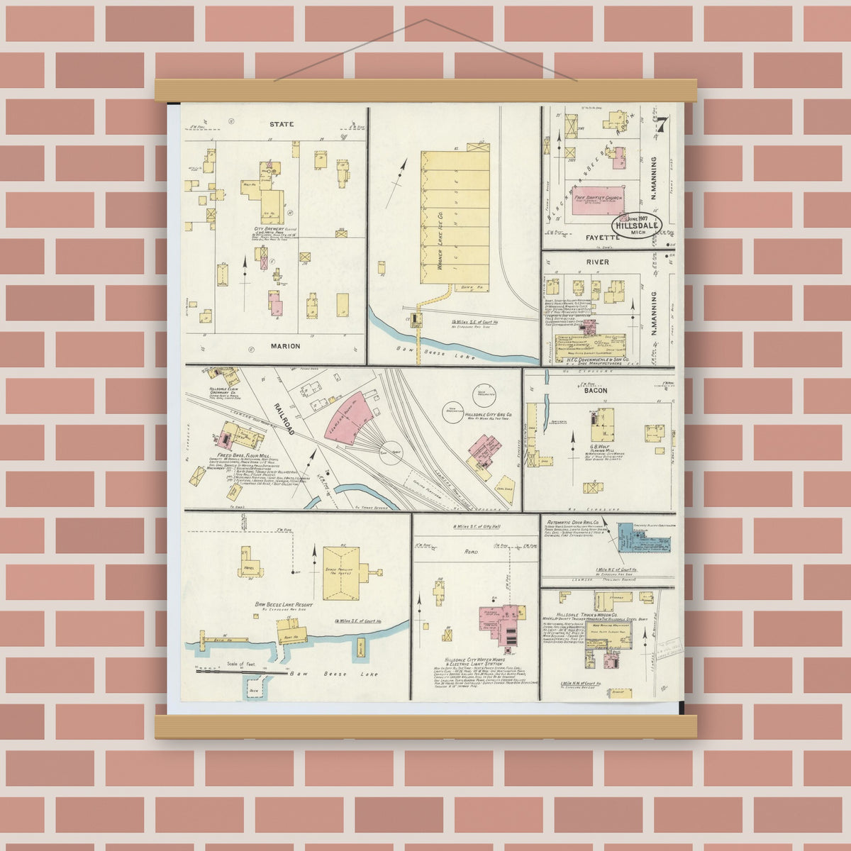 Old map wall art mockup — magnetic wood frame on brick wall — Sanborn Fire Insurance Map from Hillsdale, Hillsdale County, Michigan (1907), Sheet #0007