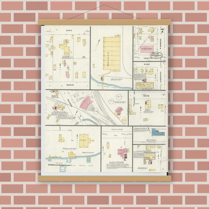 Old map wall art mockup — magnetic wood frame on brick wall — Sanborn Fire Insurance Map from Hillsdale, Hillsdale County, Michigan (1907), Sheet #0007