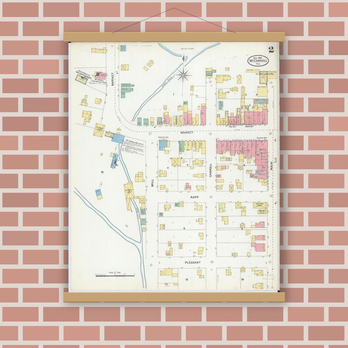 Old map wall art mockup — magnetic wood frame on brick wall — Sanborn Fire Insurance Map from Mount Carroll, Carroll County, Illinois (1904), Sheet #0002