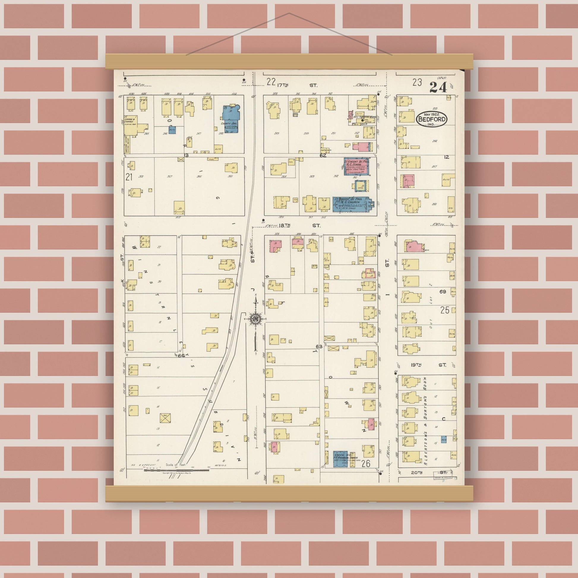 Old map wall art mockup — magnetic wood frame on brick wall — Sanborn Fire Insurance Map from Bedford, Lawrence County, Indiana (1922), Sheet #0024