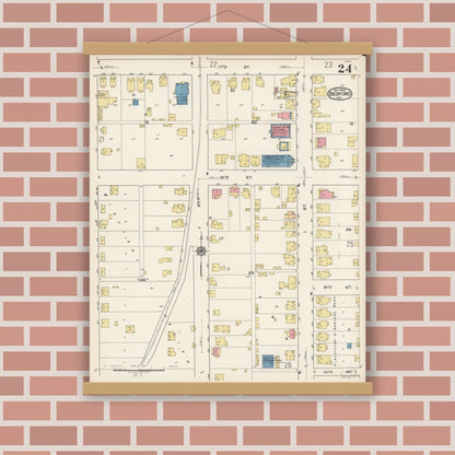Old map wall art mockup — magnetic wood frame on brick wall — Sanborn Fire Insurance Map from Bedford, Lawrence County, Indiana (1922), Sheet #0024