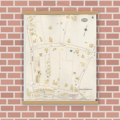 Old map wall art mockup — magnetic wood frame on brick wall — Sanborn Fire Insurance Map from Hingham, Plymouth County, Massachusetts (1948), Sheet #0006