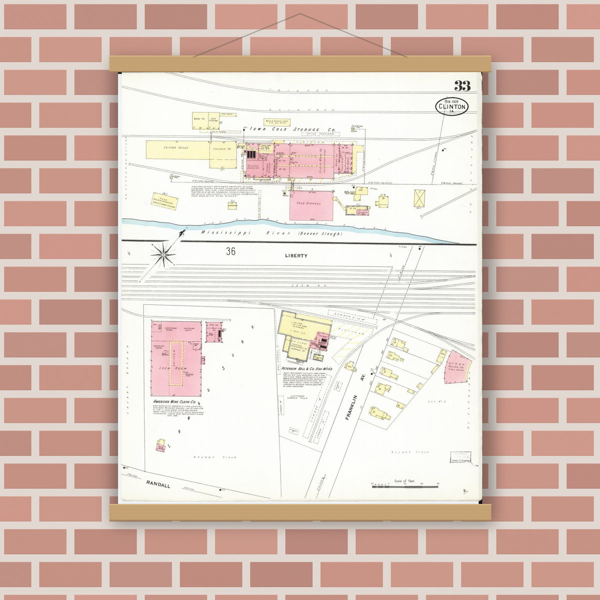 Old map wall art mockup — magnetic wood frame on brick wall — Sanborn Fire Insurance Map from Clinton, Clinton County, Iowa (1909), Sheet #0033