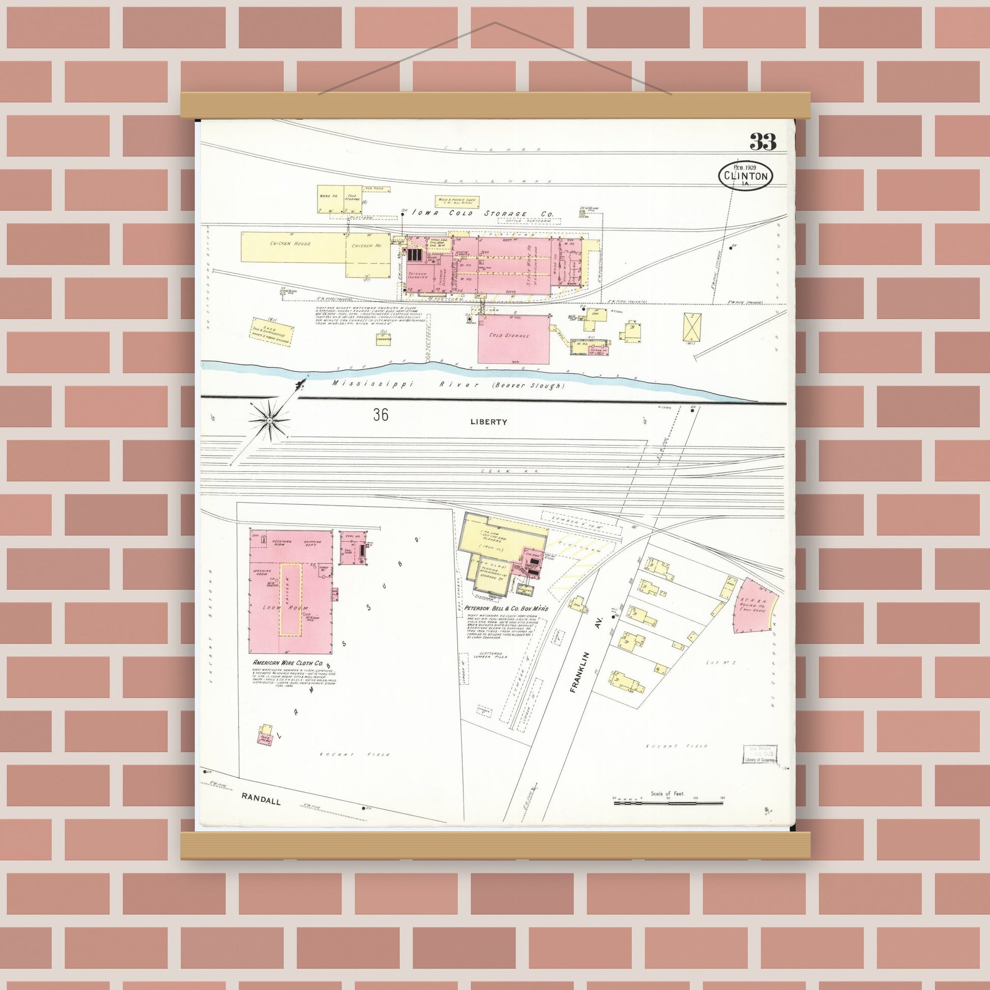 Old map wall art mockup — magnetic wood frame on brick wall — Sanborn Fire Insurance Map from Clinton, Clinton County, Iowa (1909), Sheet #0033