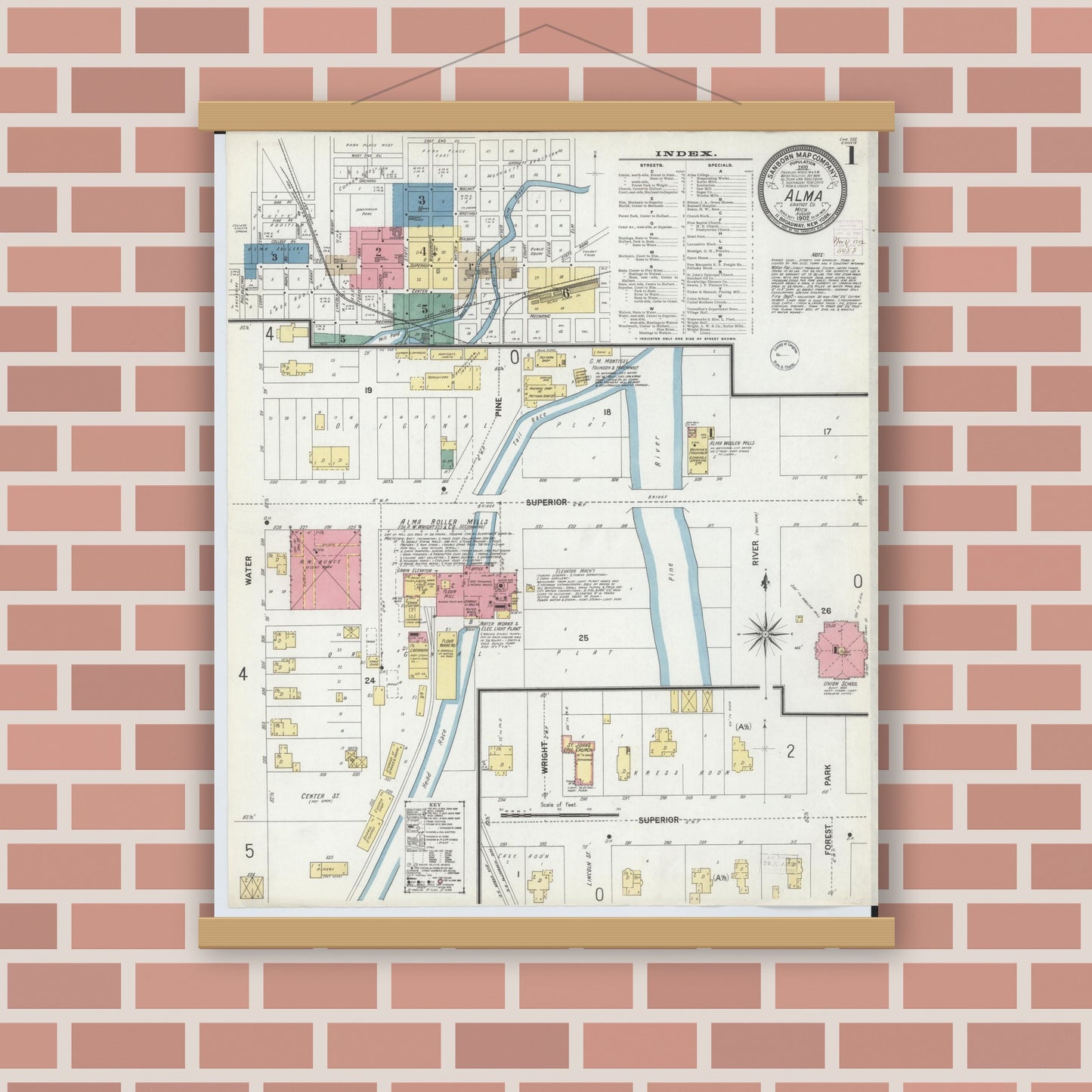 Old map wall art mockup — magnetic wood frame on brick wall — Sanborn Fire Insurance Map from Alma, Gratiot County, Michigan (1902) - Complete Map Set