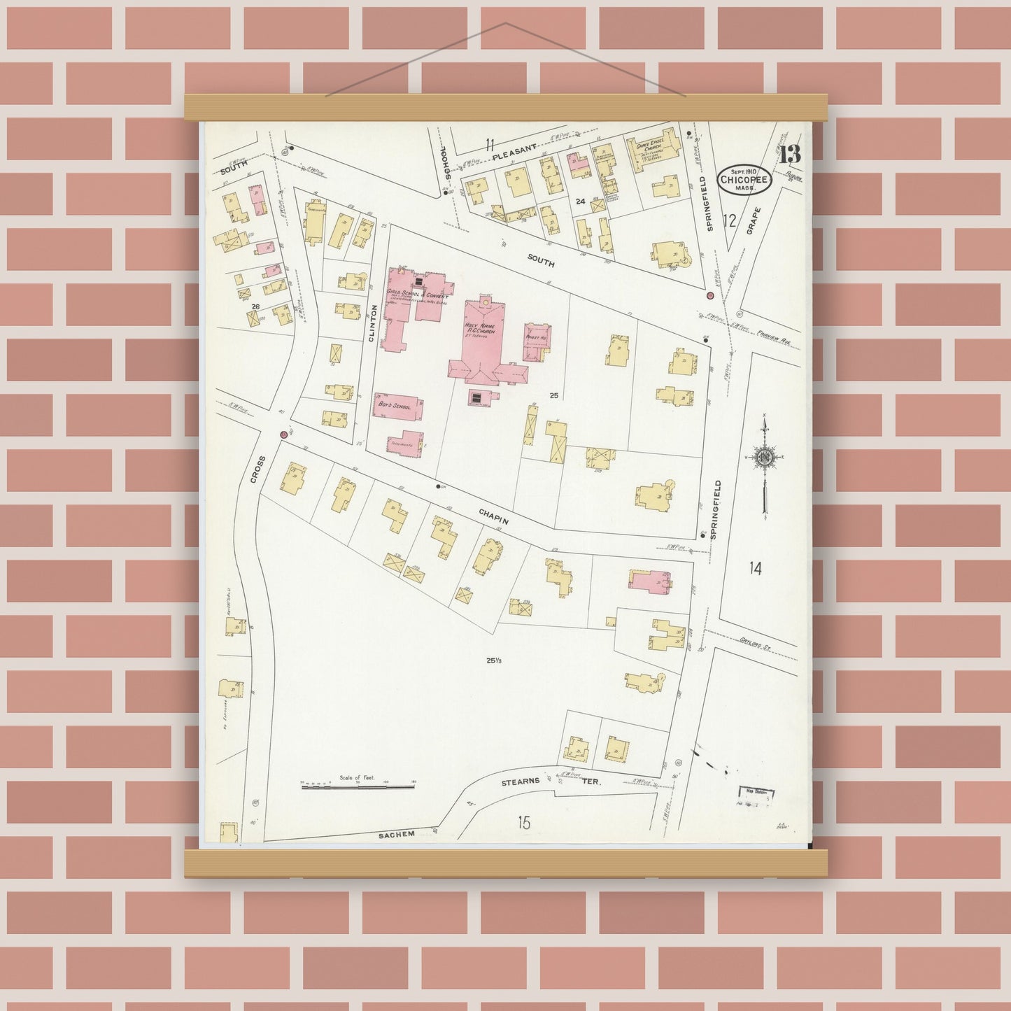 Old map wall art mockup — magnetic wood frame on brick wall — Sanborn Fire Insurance Map from Chicopee, Hampden County, Massachusetts (1910), Sheet #0013