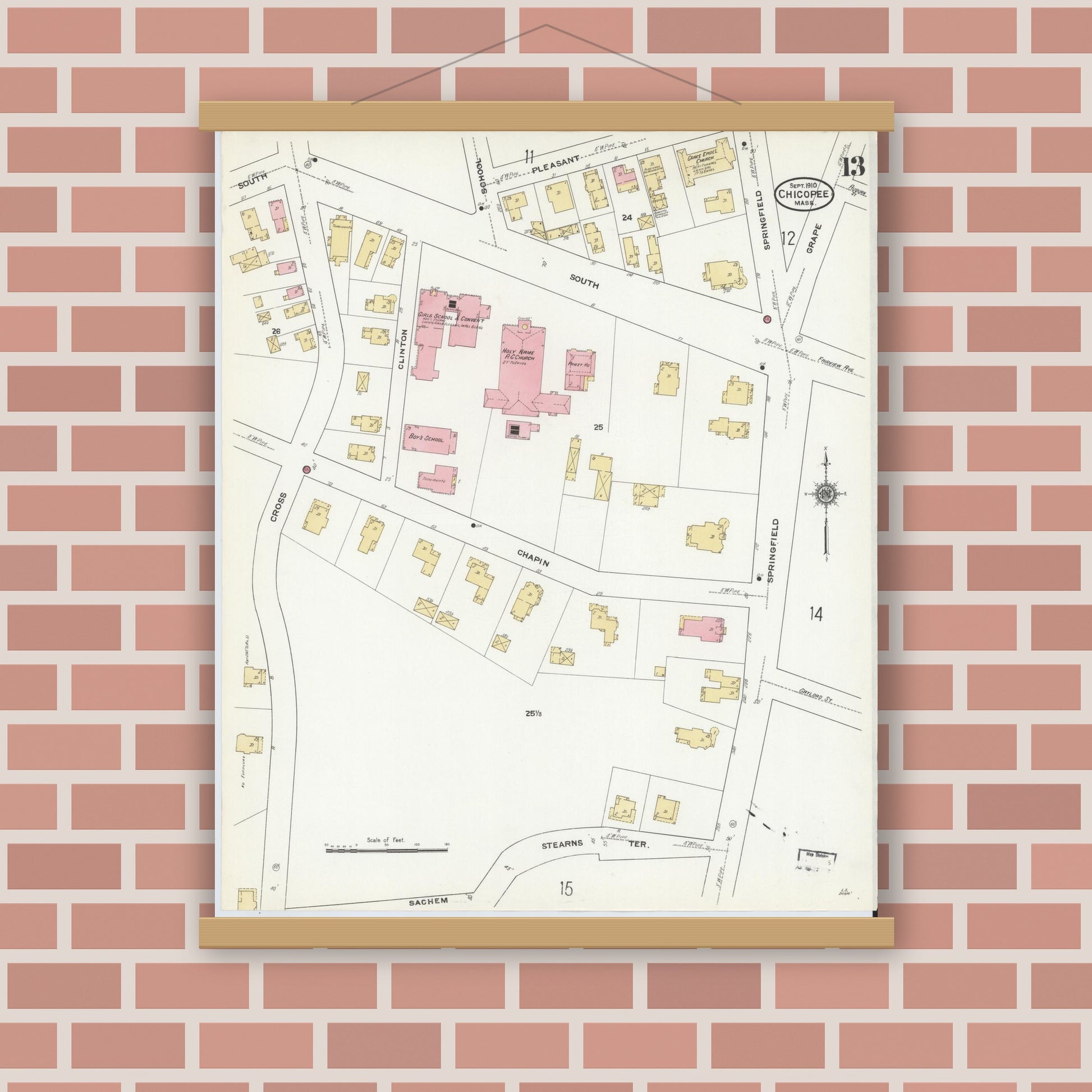Old map wall art mockup — magnetic wood frame on brick wall — Sanborn Fire Insurance Map from Chicopee, Hampden County, Massachusetts (1910), Sheet #0013