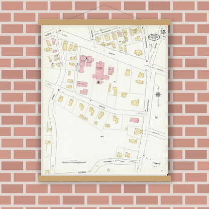 Old map wall art mockup — magnetic wood frame on brick wall — Sanborn Fire Insurance Map from Chicopee, Hampden County, Massachusetts (1910), Sheet #0013