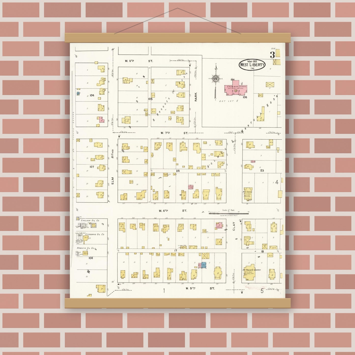 Old map wall art mockup — magnetic wood frame on brick wall — Sanborn Fire Insurance Map from West Liberty, Muscatine County, Iowa (1922), Sheet #0003