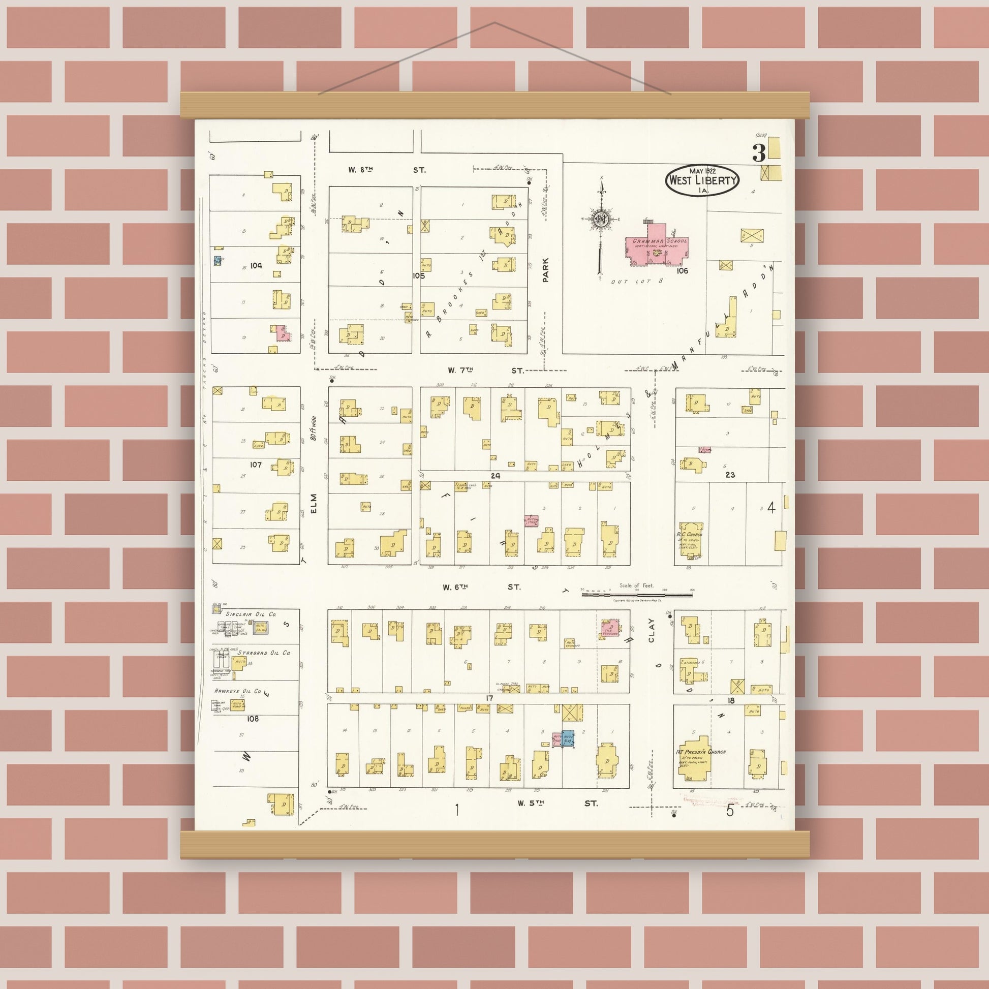 Old map wall art mockup — magnetic wood frame on brick wall — Sanborn Fire Insurance Map from West Liberty, Muscatine County, Iowa (1922), Sheet #0003