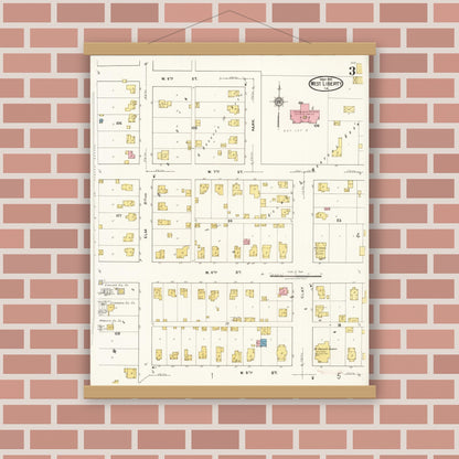 Old map wall art mockup — magnetic wood frame on brick wall — Sanborn Fire Insurance Map from West Liberty, Muscatine County, Iowa (1922), Sheet #0003