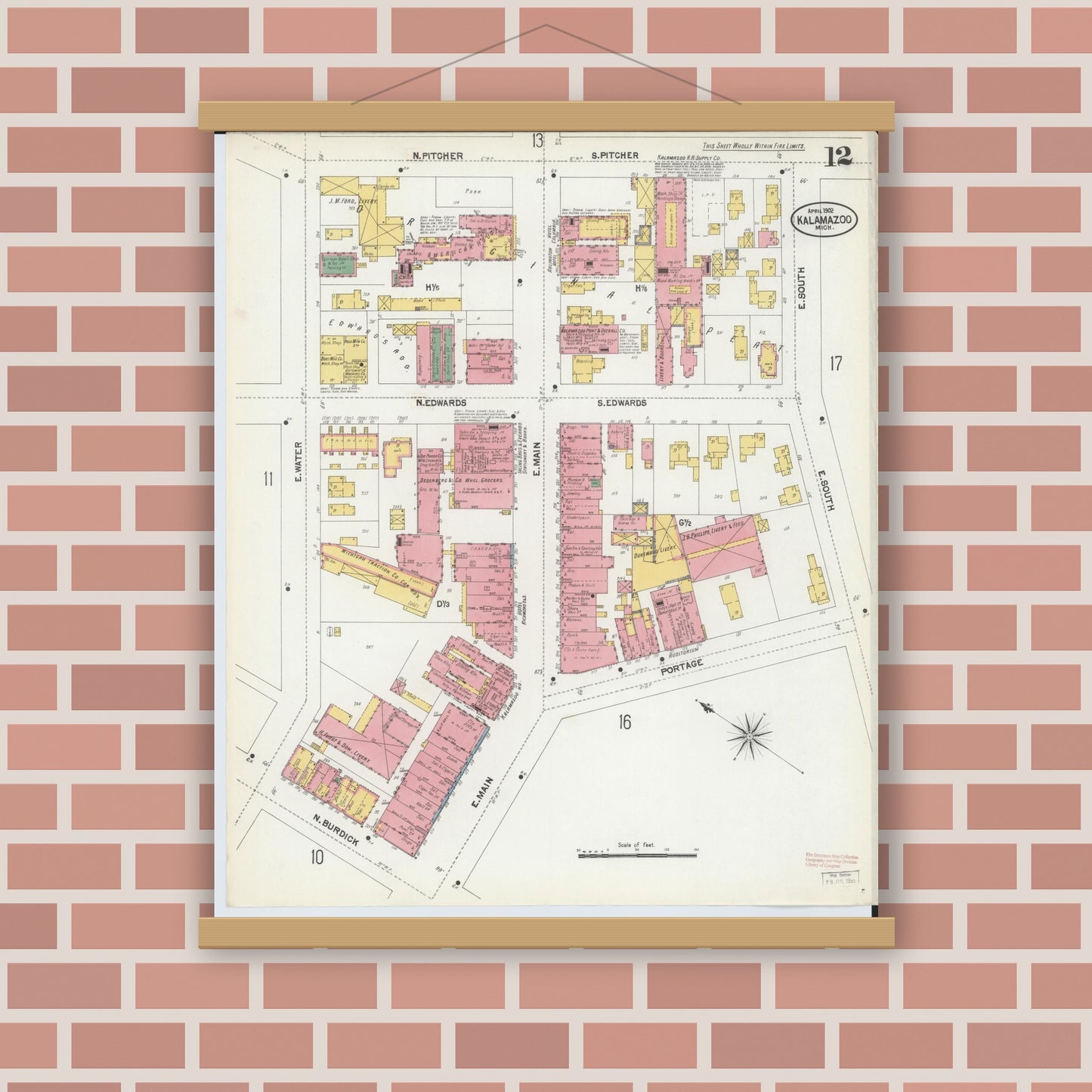 Old map wall art mockup — magnetic wood frame on brick wall — Sanborn Fire Insurance Map from Kalamazoo, Kalamazoo County, Michigan (1902), Sheet #0012