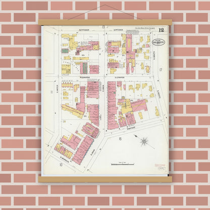 Old map wall art mockup — magnetic wood frame on brick wall — Sanborn Fire Insurance Map from Kalamazoo, Kalamazoo County, Michigan (1902), Sheet #0012