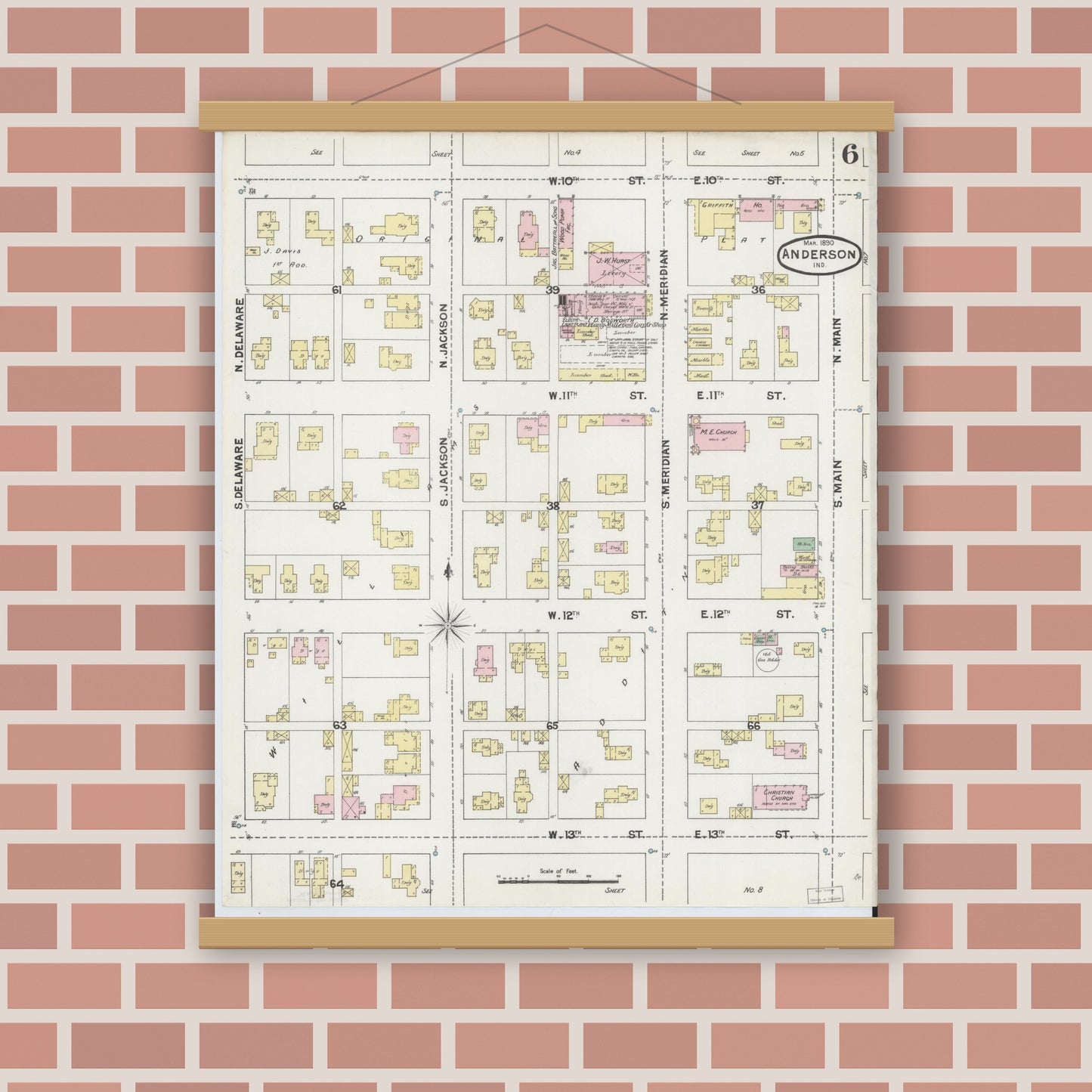 Old map wall art mockup — magnetic wood frame on brick wall — Sanborn Fire Insurance Map from Anderson, Madison County, Indiana (1890), Sheet #0006