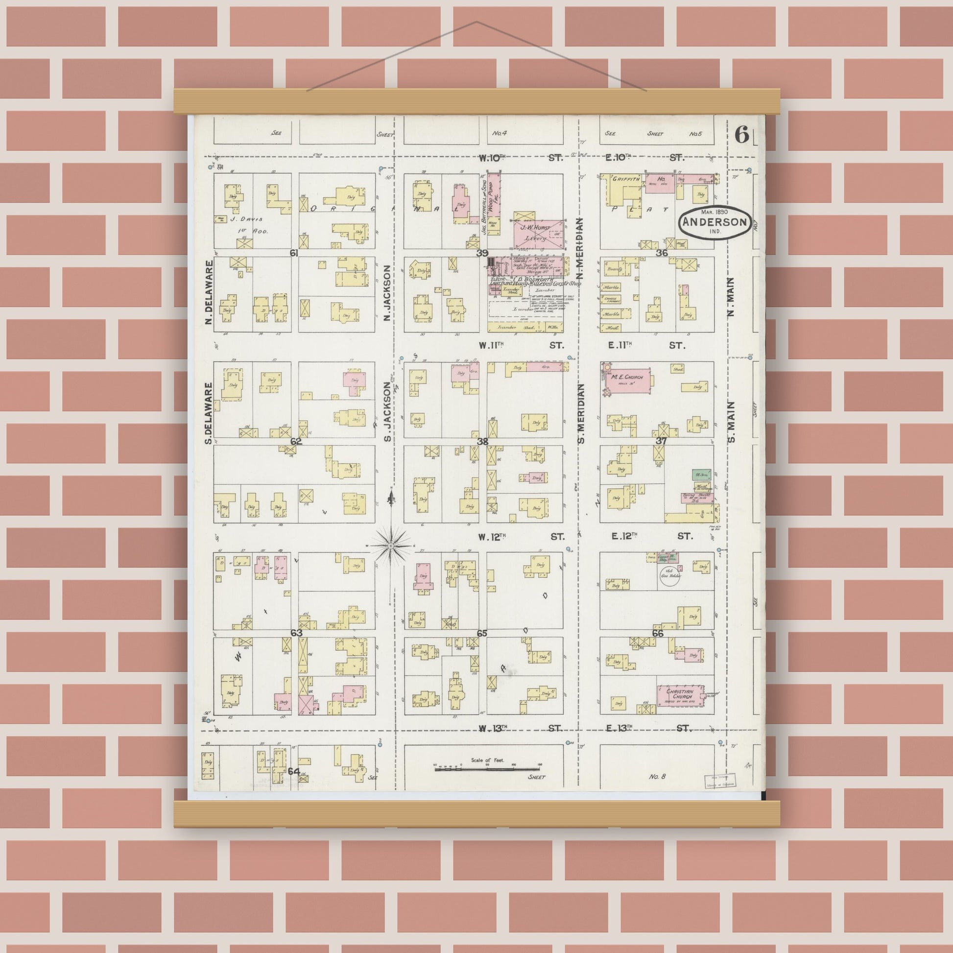 Old map wall art mockup — magnetic wood frame on brick wall — Sanborn Fire Insurance Map from Anderson, Madison County, Indiana (1890), Sheet #0006