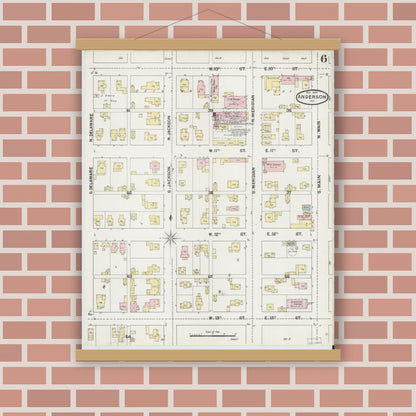 Old map wall art mockup — magnetic wood frame on brick wall — Sanborn Fire Insurance Map from Anderson, Madison County, Indiana (1890), Sheet #0006