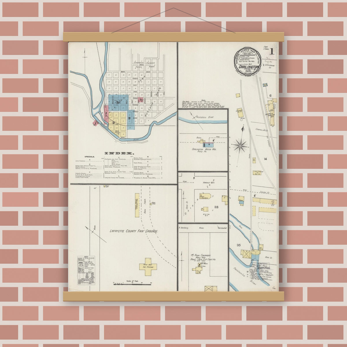Old map wall art mockup — magnetic wood frame on brick wall — Sanborn Fire Insurance Map from Darlington, Lafayette County, Wisconsin (1894) - Complete Map Set
