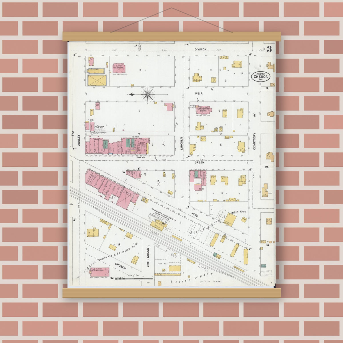 Old map wall art mockup — magnetic wood frame on brick wall — Sanborn Fire Insurance Map from Chenoa, McLean County, Illinois (1901), Sheet #0003
