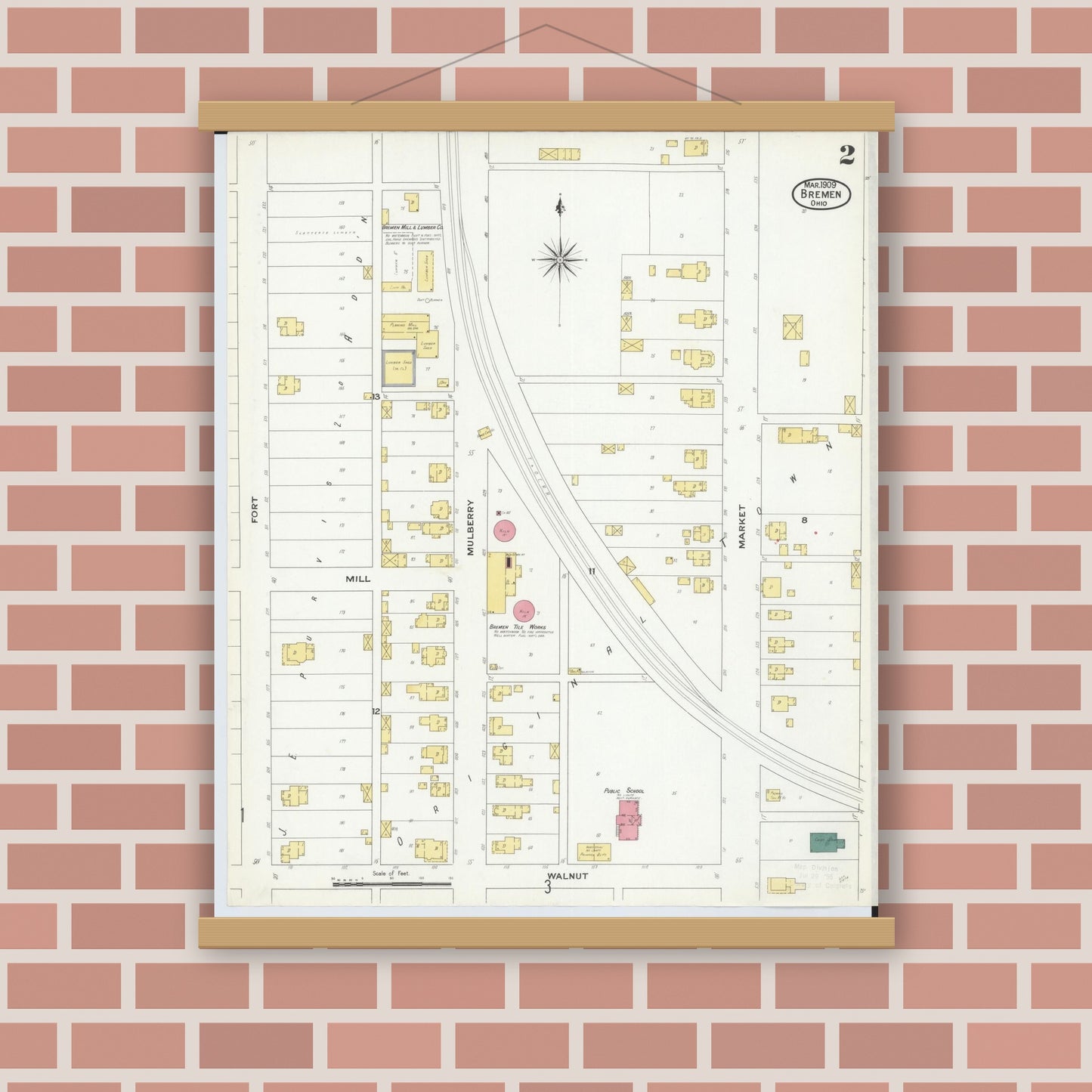 Old map wall art mockup — magnetic wood frame on brick wall — Sanborn Fire Insurance Map from Bremen, Fairfield County, Ohio (1909), Sheet #0002