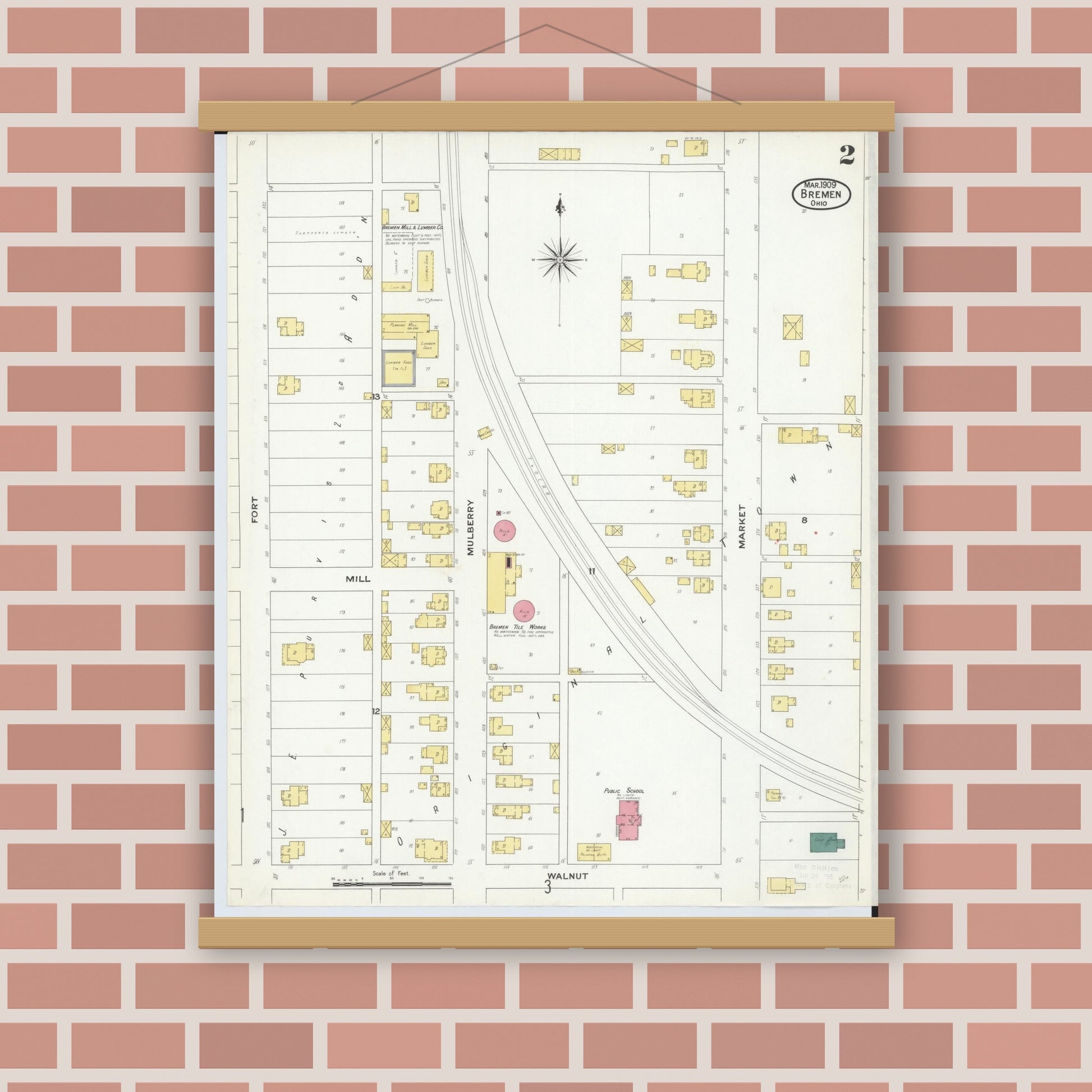 Old map wall art mockup — magnetic wood frame on brick wall — Sanborn Fire Insurance Map from Bremen, Fairfield County, Ohio (1909), Sheet #0002