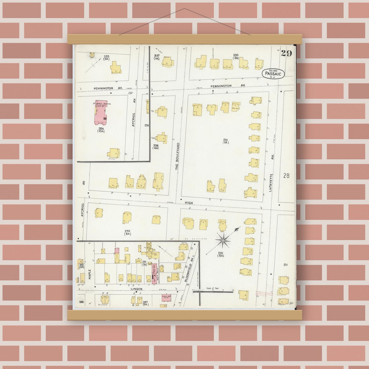 Old map wall art mockup — magnetic wood frame on brick wall — Sanborn Fire Insurance Map from Passaic, Passaic County, New Jersey (1903), Sheet #0029