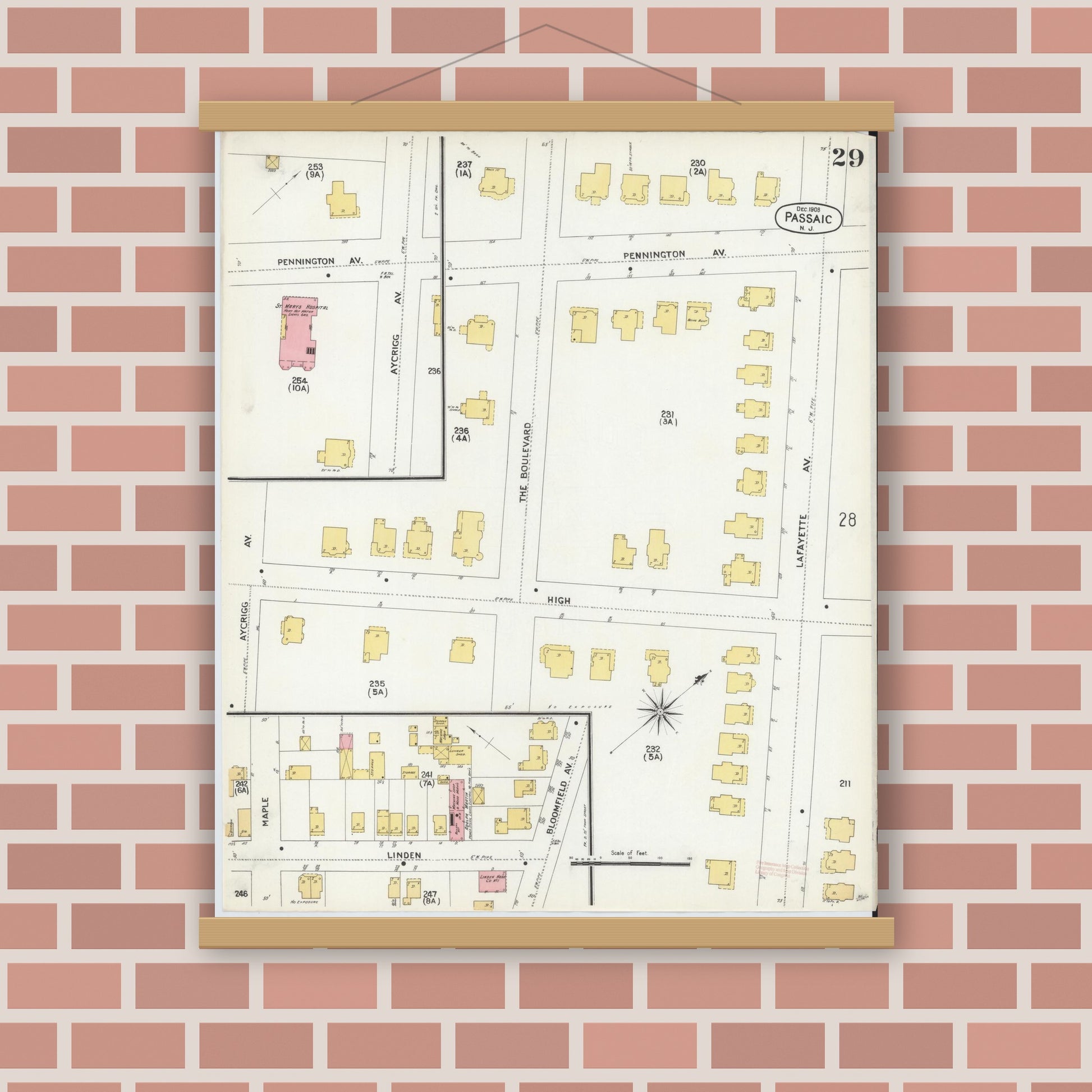 Old map wall art mockup — magnetic wood frame on brick wall — Sanborn Fire Insurance Map from Passaic, Passaic County, New Jersey (1903), Sheet #0029
