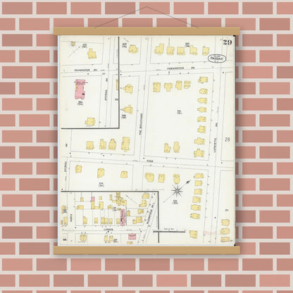 Old map wall art mockup — magnetic wood frame on brick wall — Sanborn Fire Insurance Map from Passaic, Passaic County, New Jersey (1903), Sheet #0029